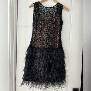 Zara black lace and feather sleeveless dress with nude lining